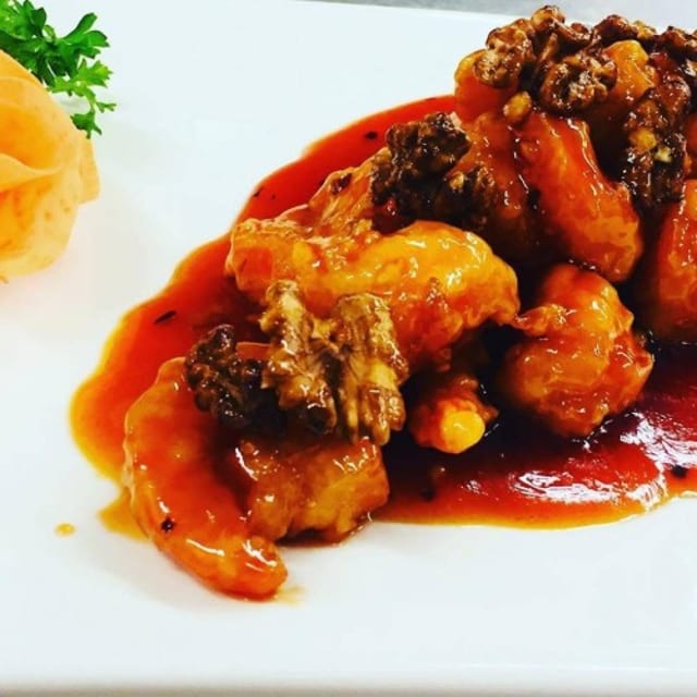 Crispy Prawns Szechuan Style with Glazed Walnuts.