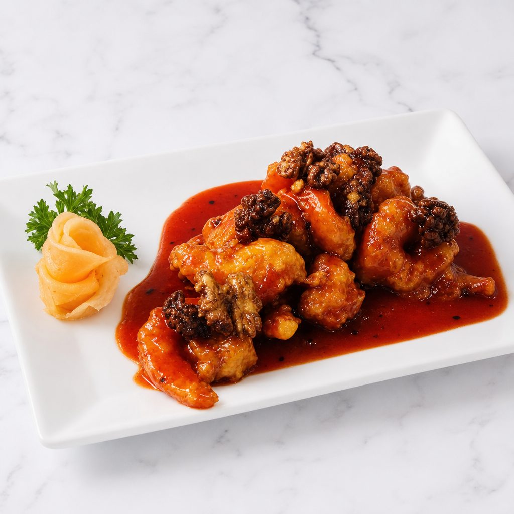 Crispy Prawns Szechuan Style with Glazed Walnuts.